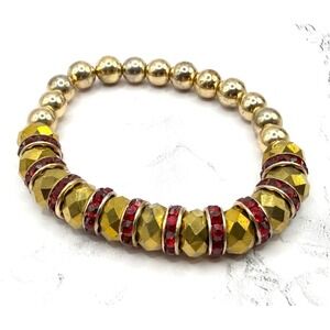 Gold Bead Stretch Bracelet Red Rhinestone Spacer Glam Stackable 8"